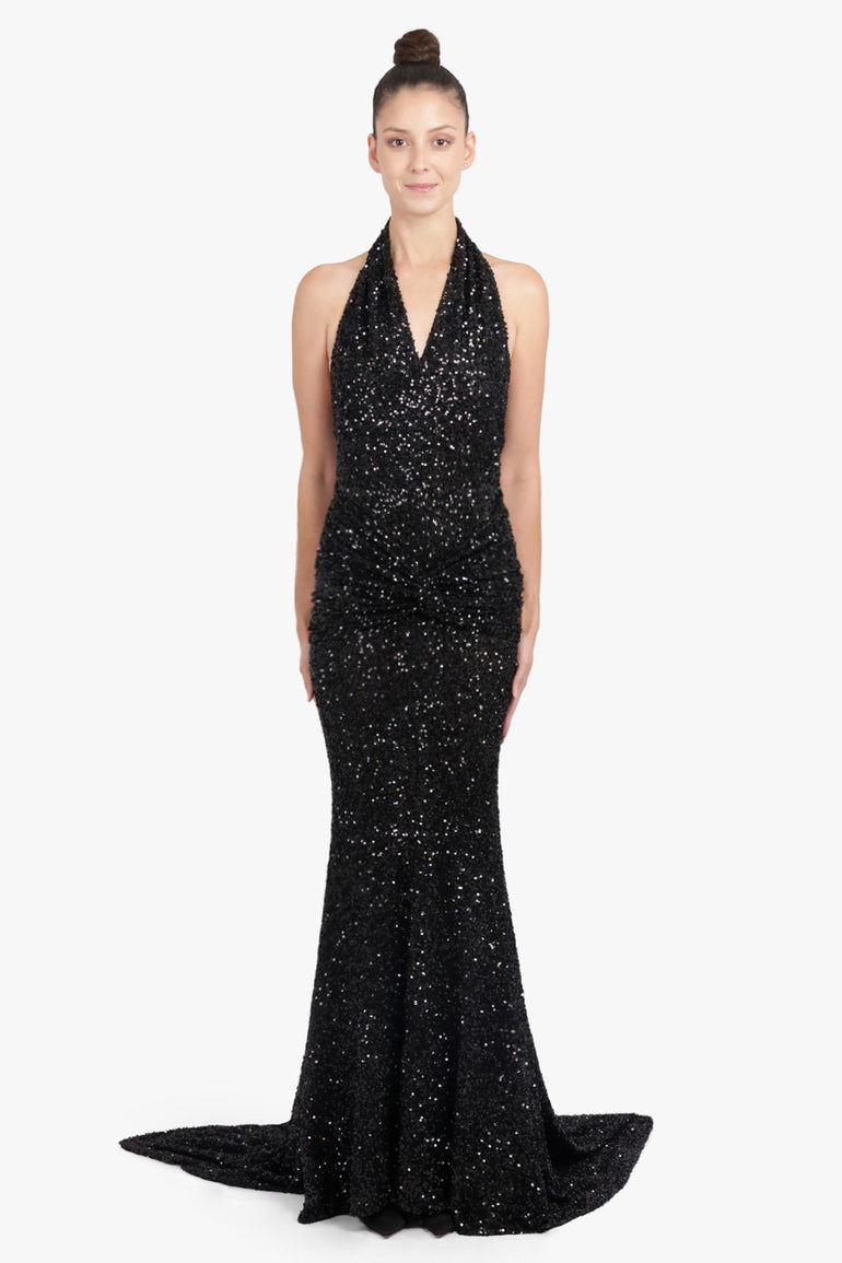 PATOU RTW Sequin Halter V Neck Maxi Dress With Train | Black