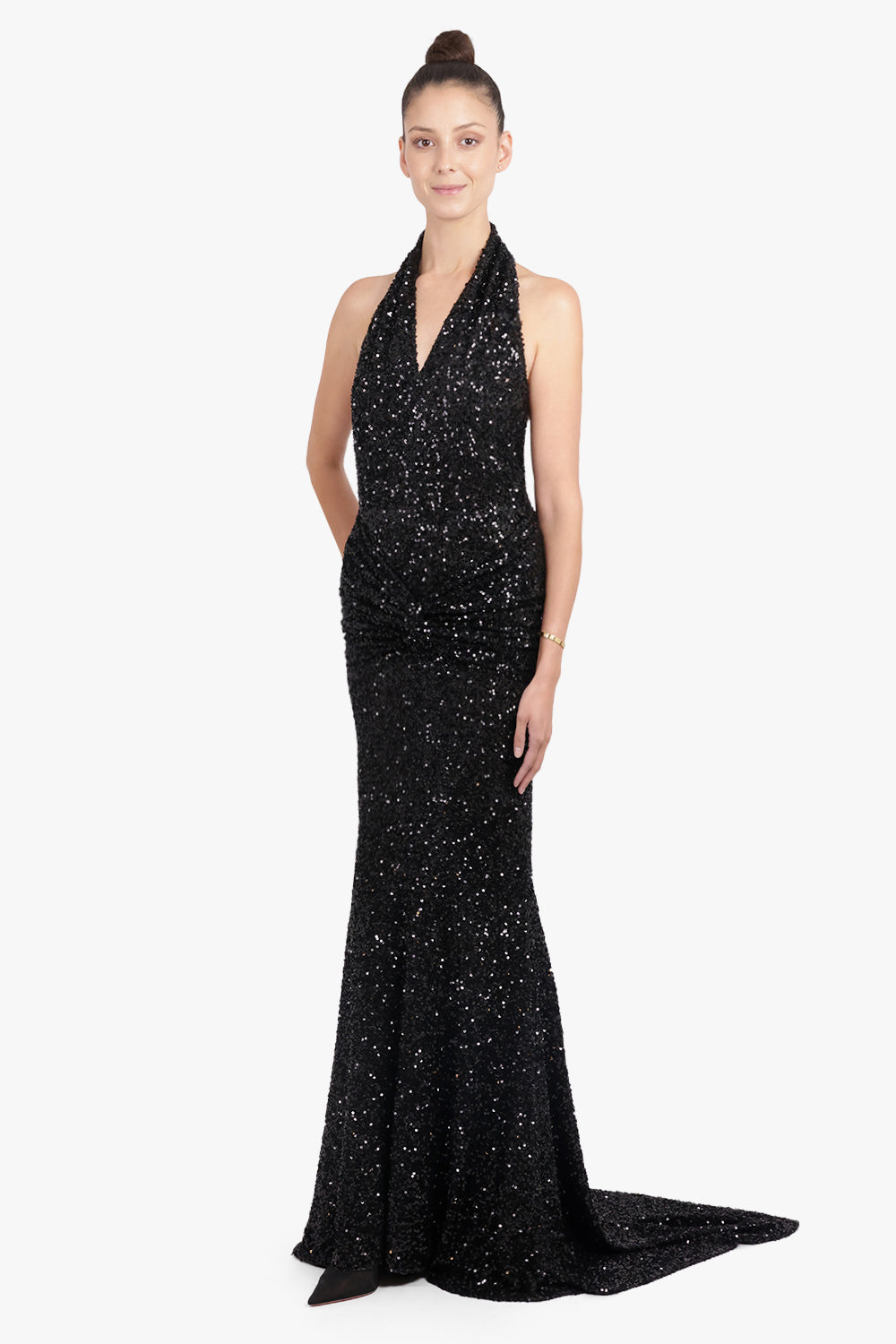 PATOU RTW Sequin Halter V Neck Maxi Dress With Train | Black