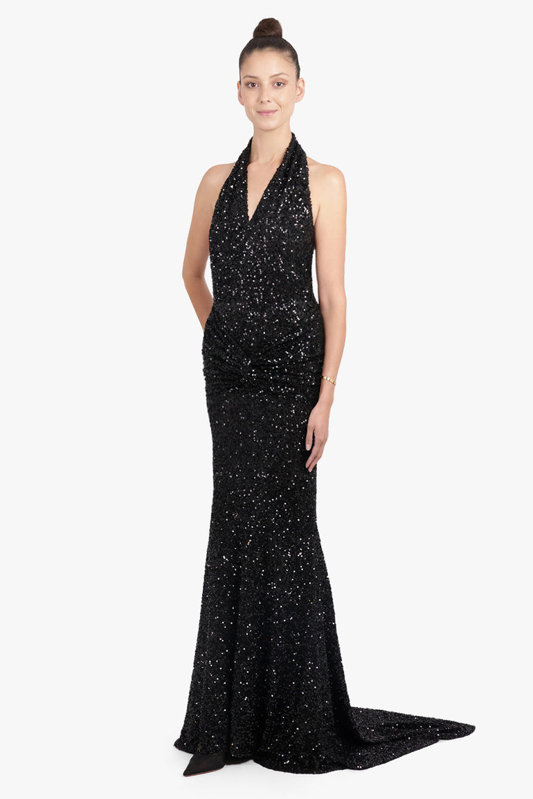 PATOU RTW Sequin Halter V Neck Maxi Dress With Train | Black