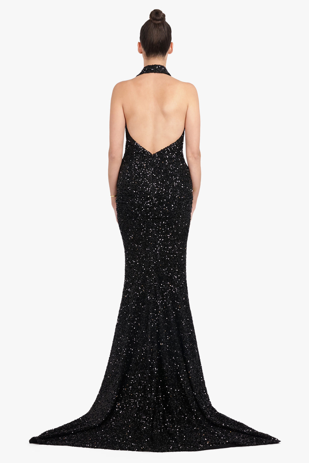PATOU RTW Sequin Halter V Neck Maxi Dress With Train | Black