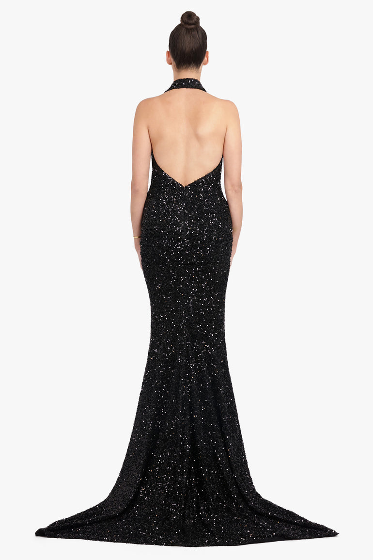 PATOU RTW Sequin Halter V Neck Maxi Dress With Train | Black