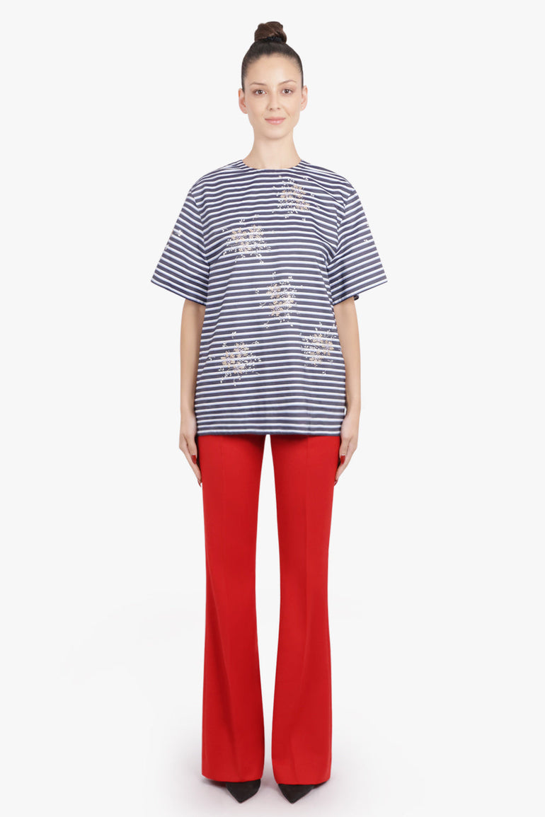 RABANNE RTW Backless Stripe S/S T-Shirt with Silver Motif | Blue/White