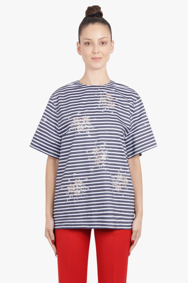 RABANNE RTW Backless Stripe S/S T-Shirt with Silver Motif | Blue/White