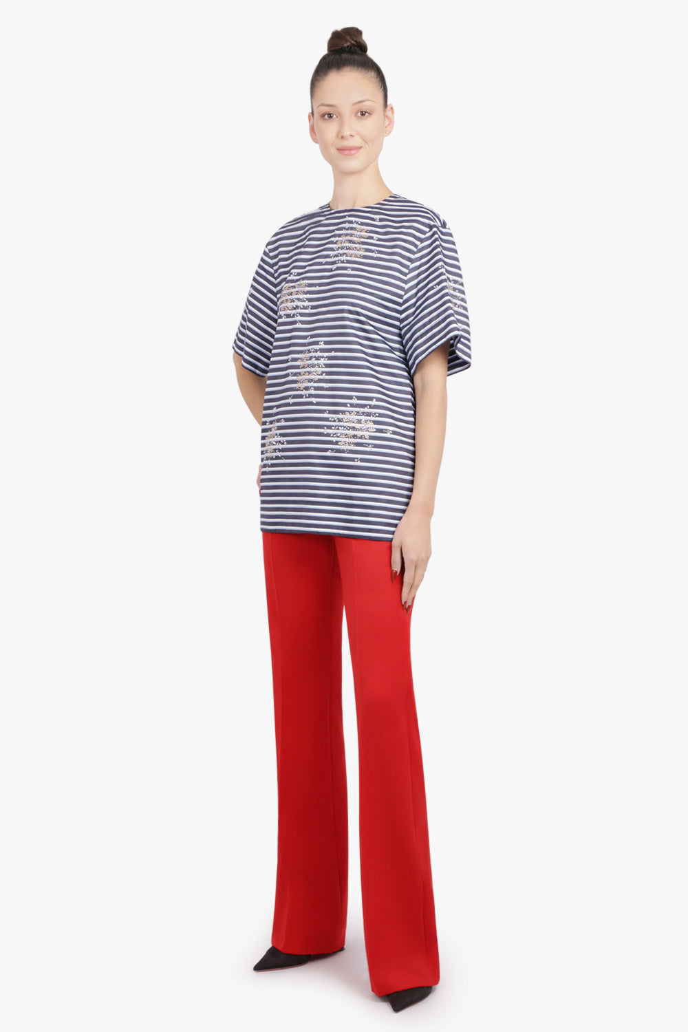 RABANNE RTW Backless Stripe S/S T-Shirt with Silver Motif | Blue/White