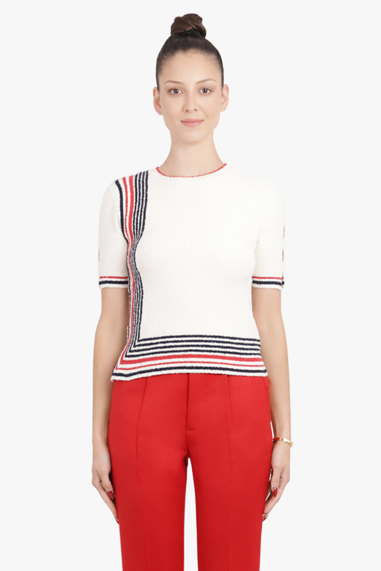 RABANNE RTW Boucle Stripe Detail S/S Knit Top | Cream/Navy/Red