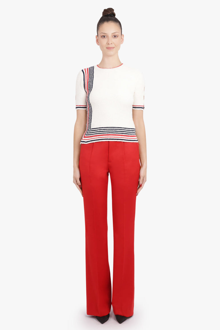 RABANNE RTW Boucle Stripe Detail S/S Knit Top | Cream/Navy/Red