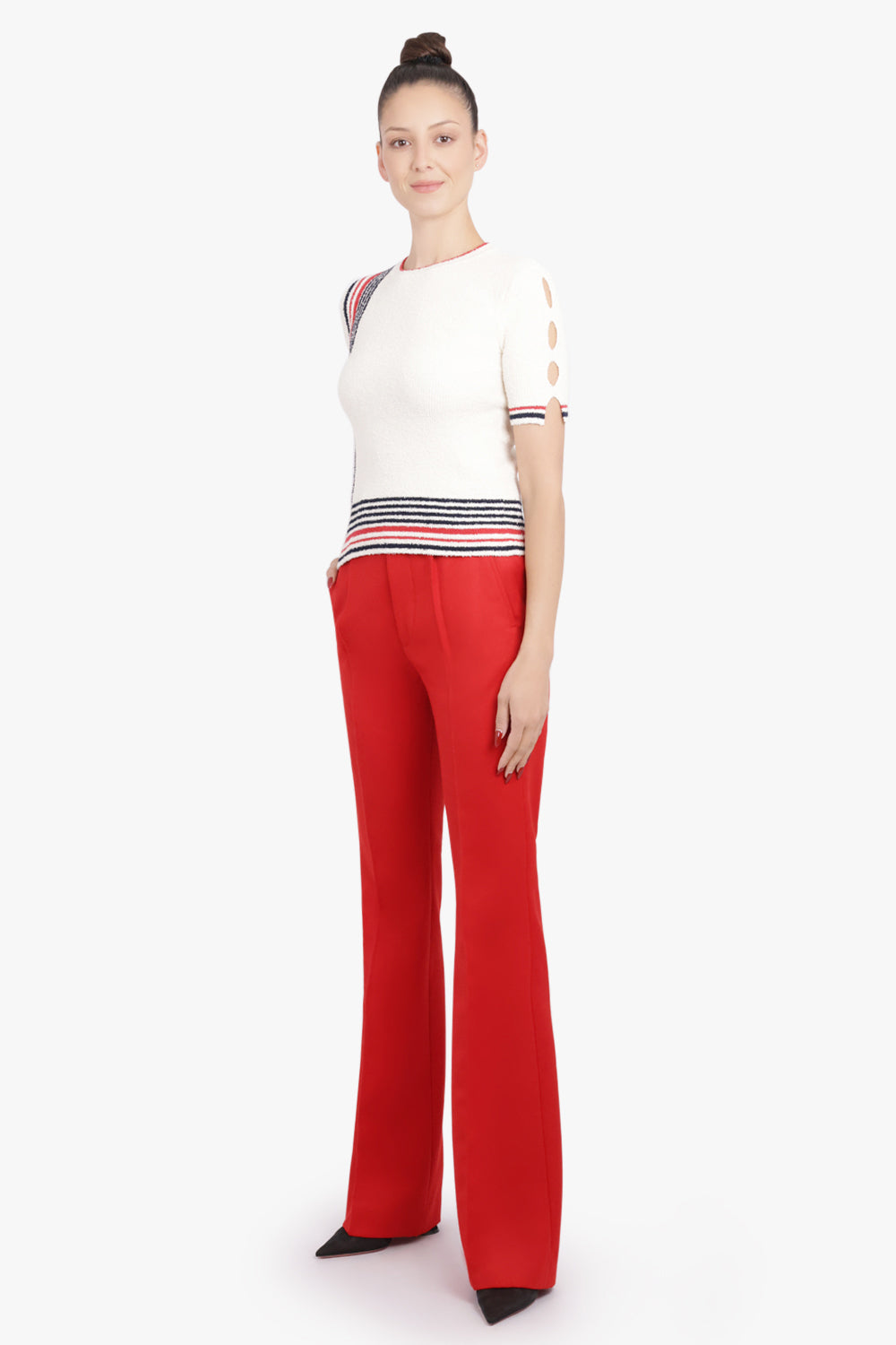 RABANNE RTW Boucle Stripe Detail S/S Knit Top | Cream/Navy/Red