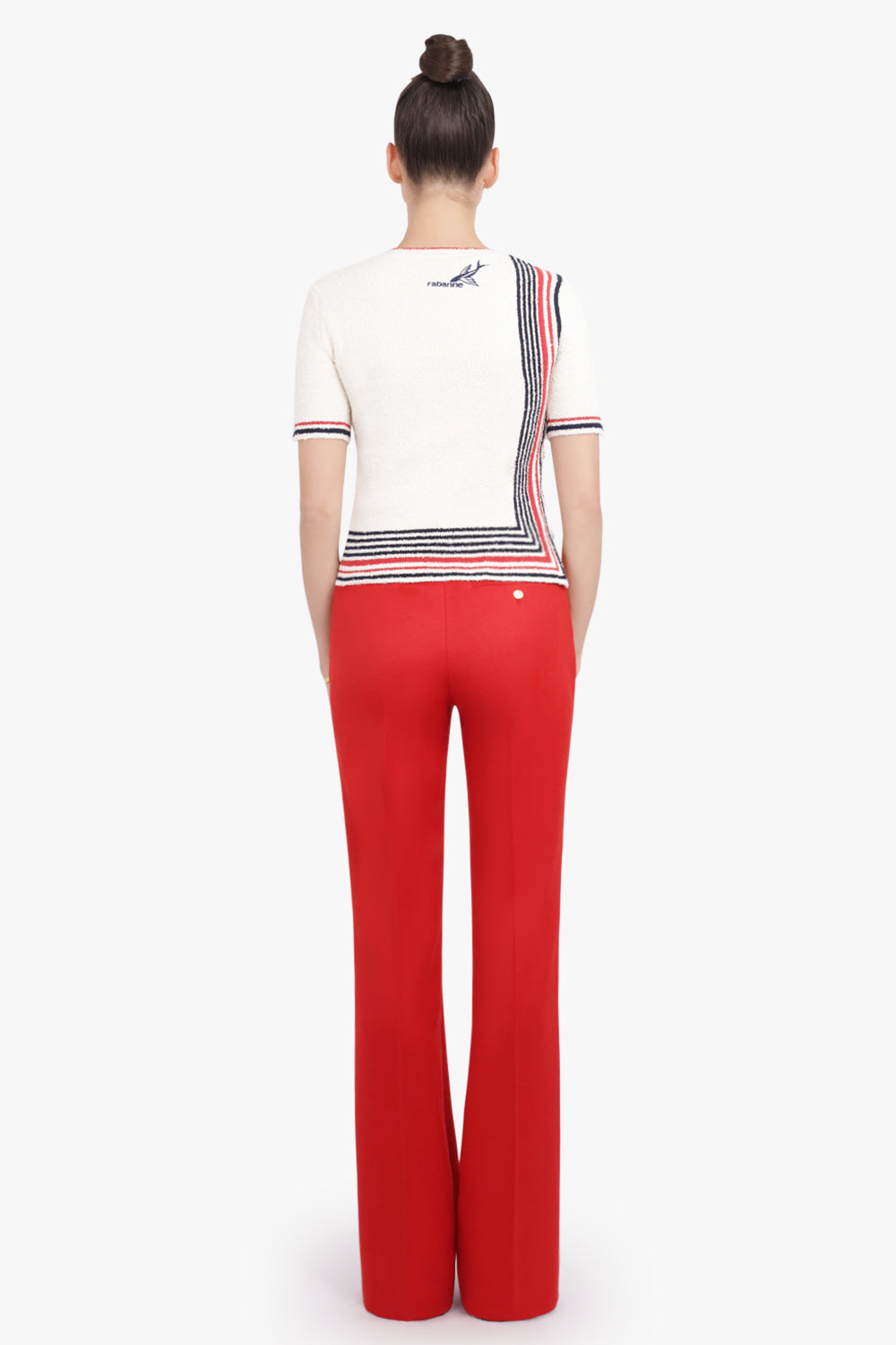 RABANNE RTW Boucle Stripe Detail S/S Knit Top | Cream/Navy/Red