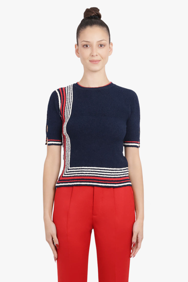 RABANNE RTW Boucle Stripe Detail S/S Knit Top | Navy/White/Red
