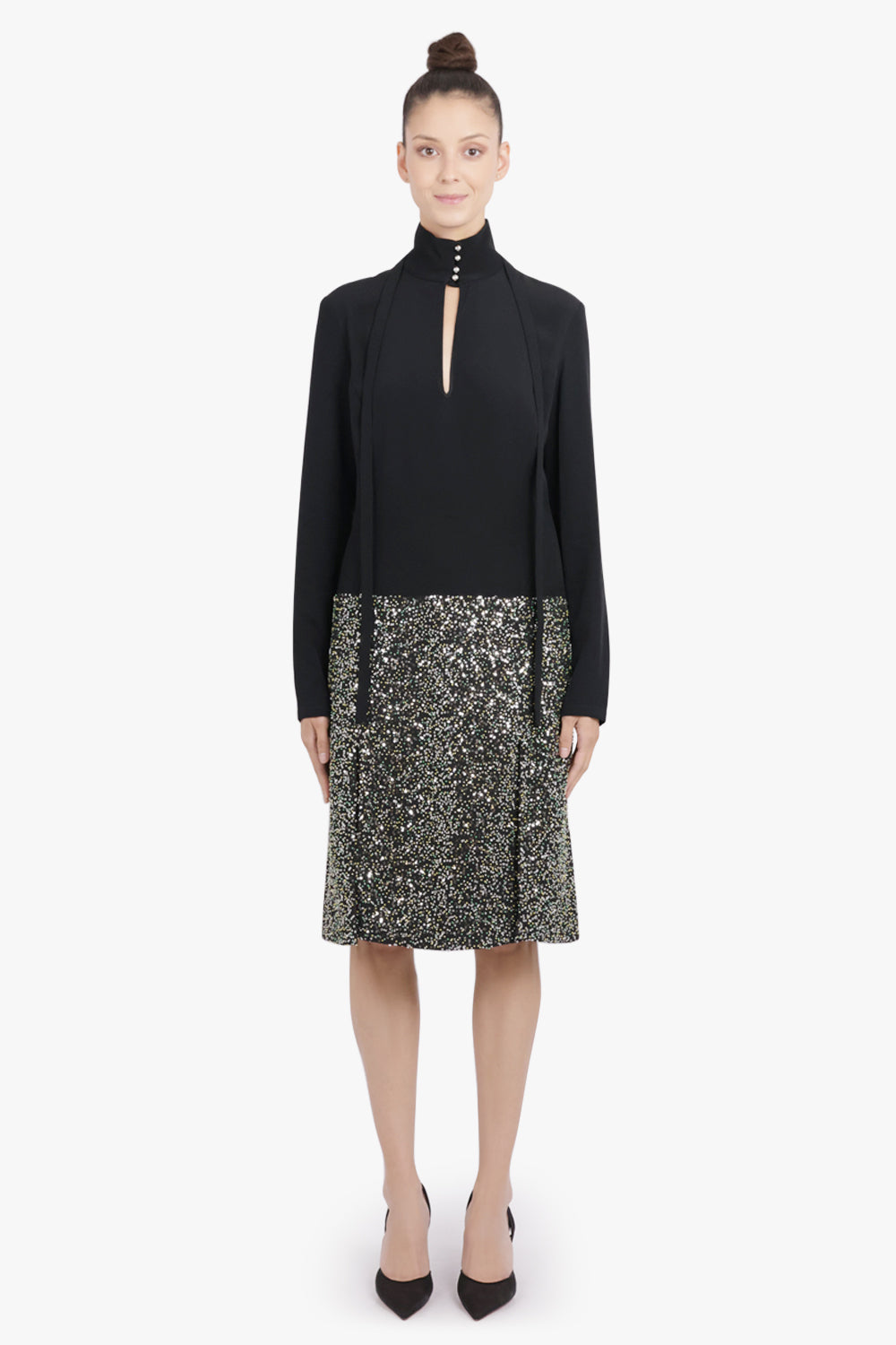 RABANNE RTW Contrast L/S Sequin Drop Waist Dress | Black/Silver