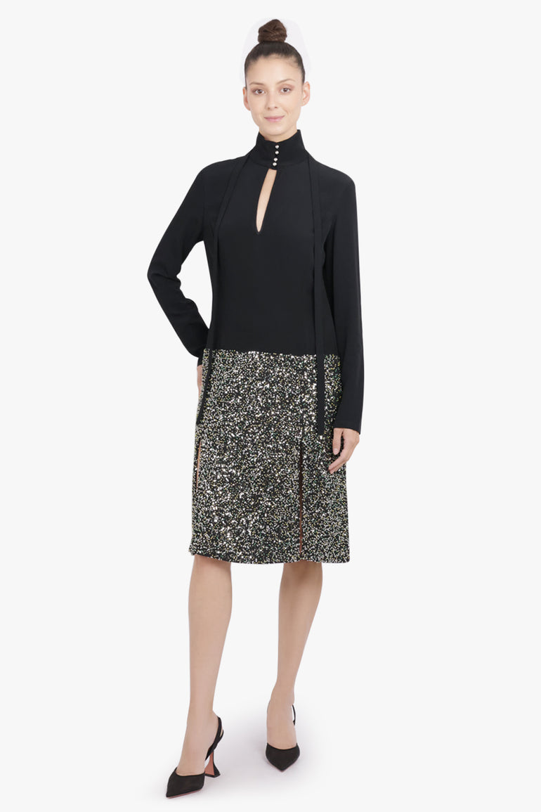 RABANNE RTW Contrast L/S Sequin Drop Waist Dress | Black/Silver