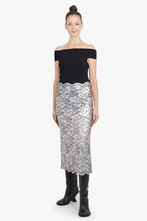 RABANNE RTW Metallic Lace Straight Midi Skirt | Silver