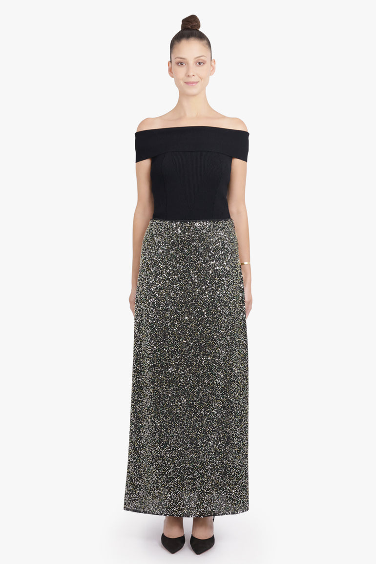 RABANNE RTW Sequin Flow Midi Skirt | Silver