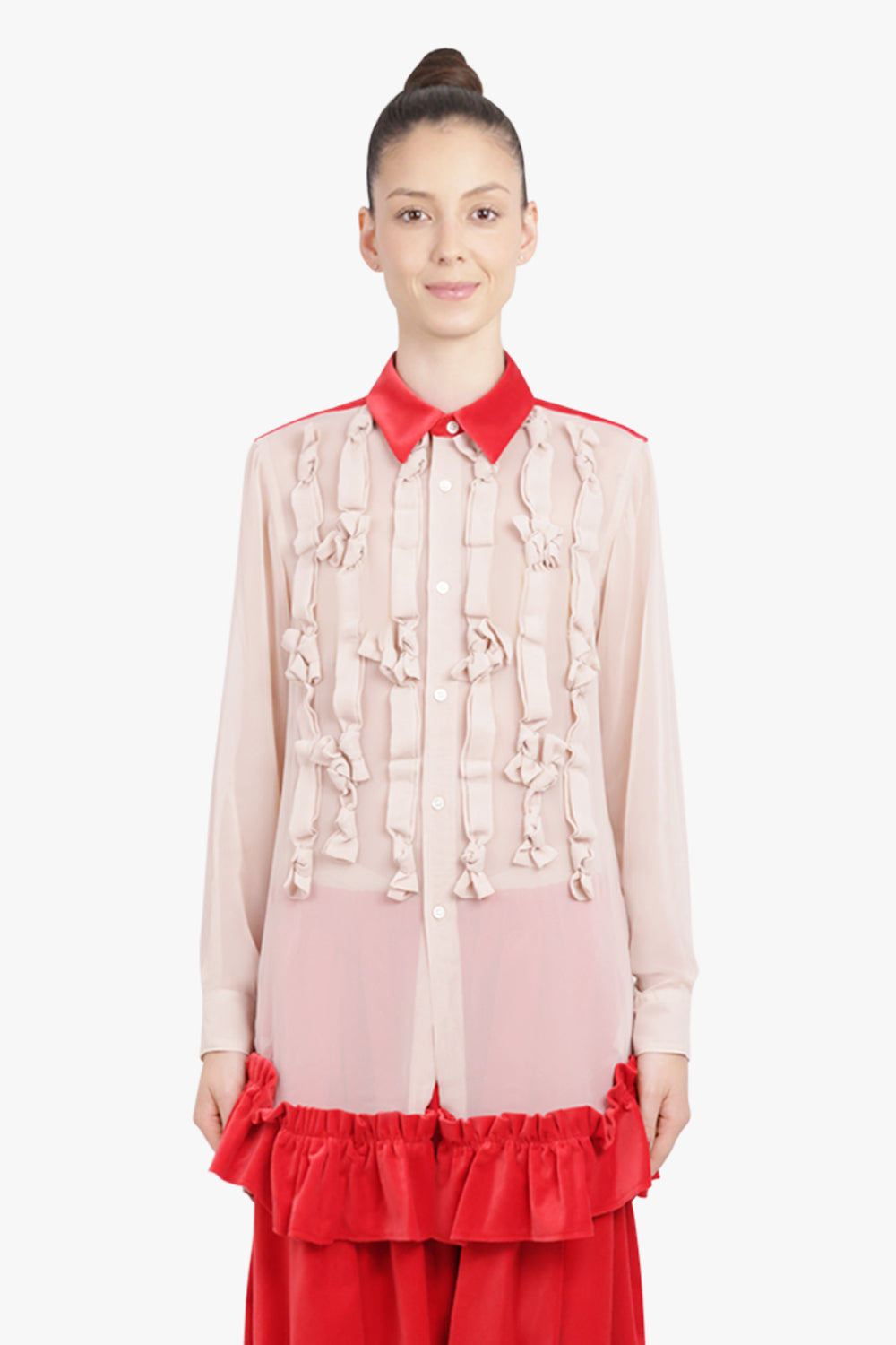 COMME DES GARCONS RTW Bow Embellish L/S Shirt With Velvet Ruffle Hem | Beige/Red