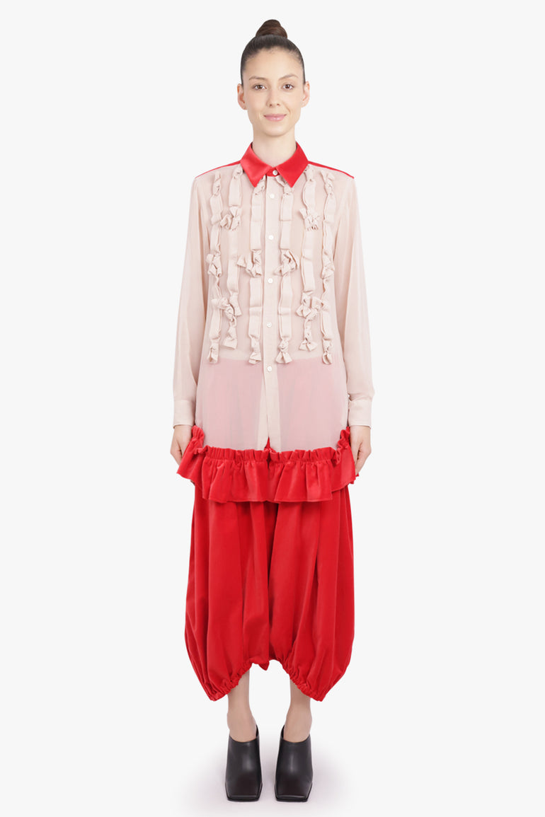COMME DES GARCONS RTW Bow Embellish L/S Shirt With Velvet Ruffle Hem | Beige/Red