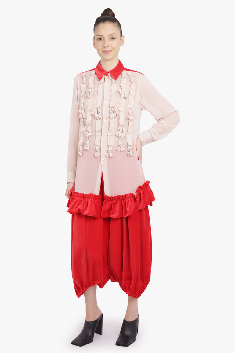 COMME DES GARCONS RTW Bow Embellish L/S Shirt With Velvet Ruffle Hem | Beige/Red