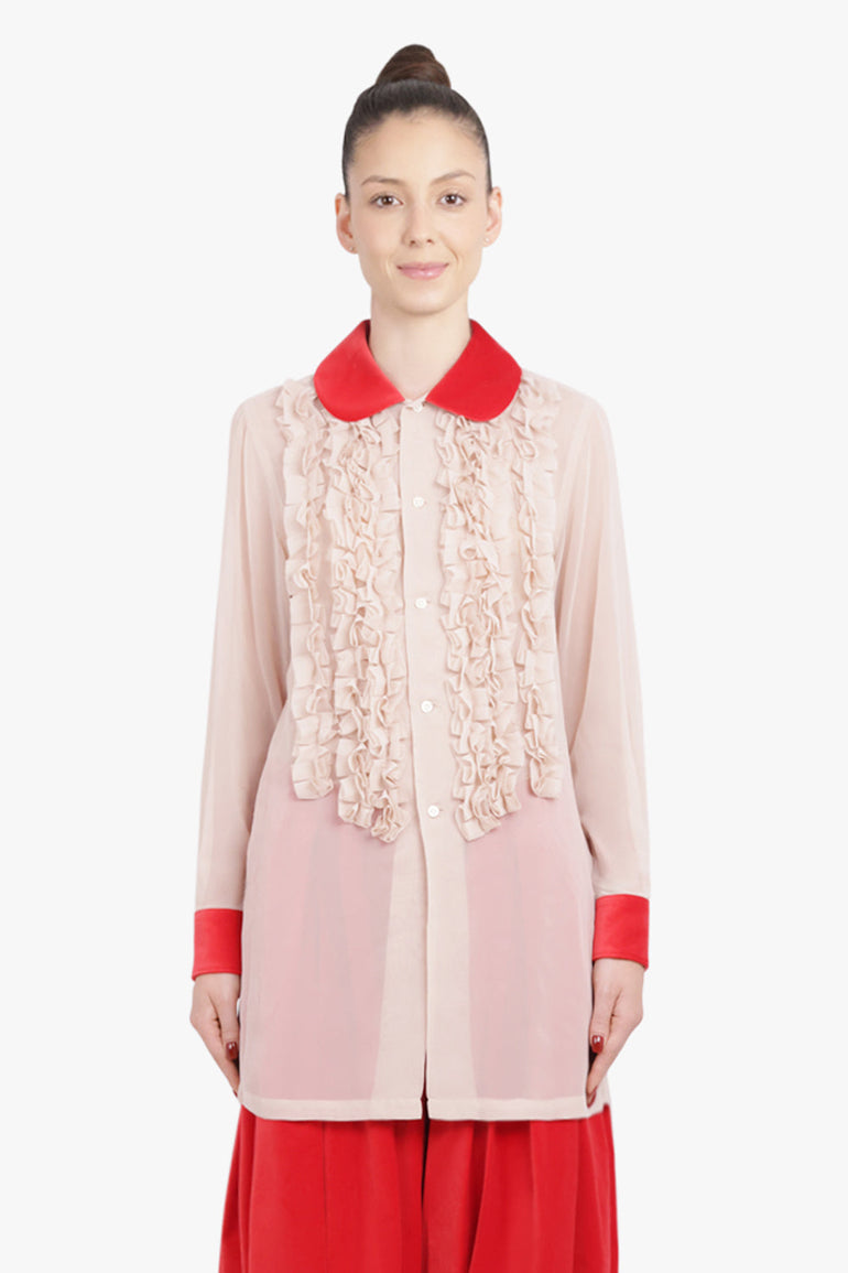 COMME DES GARCONS RTW Ruffle Embellish L/S Shirt With Velvet Trim | Beige/Red