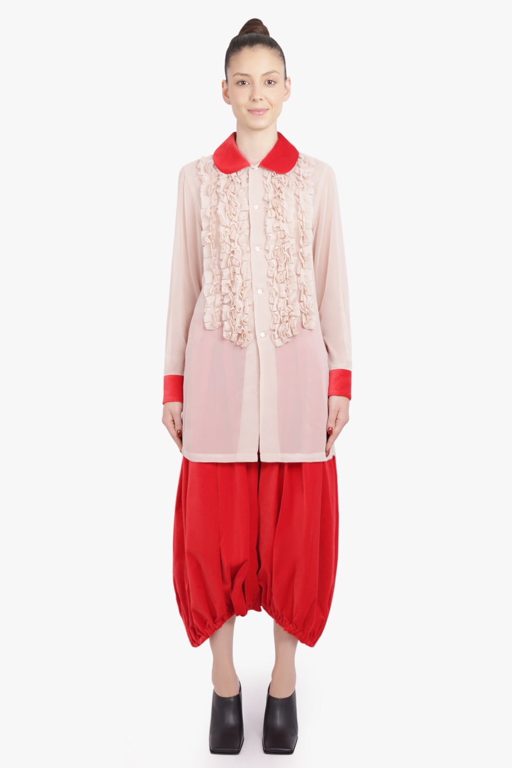 COMME DES GARCONS RTW Ruffle Embellish L/S Shirt With Velvet Trim | Beige/Red