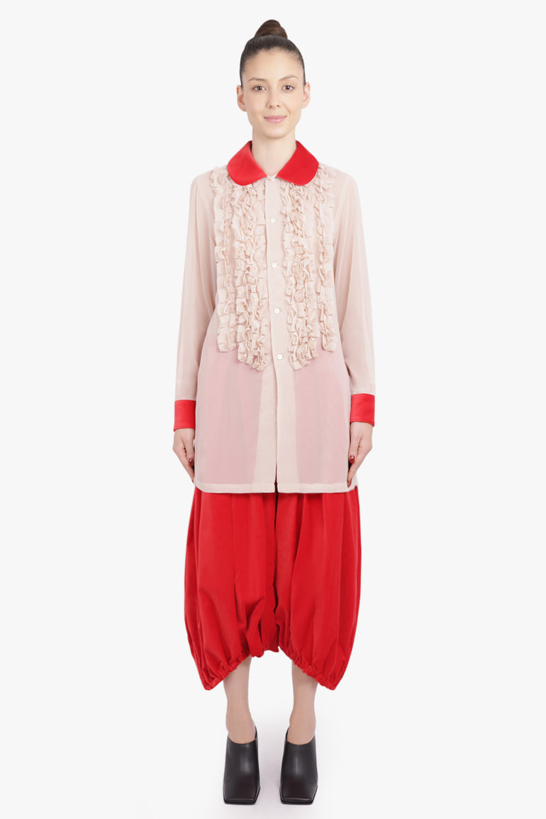COMME DES GARCONS RTW Ruffle Embellish L/S Shirt With Velvet Trim | Beige/Red