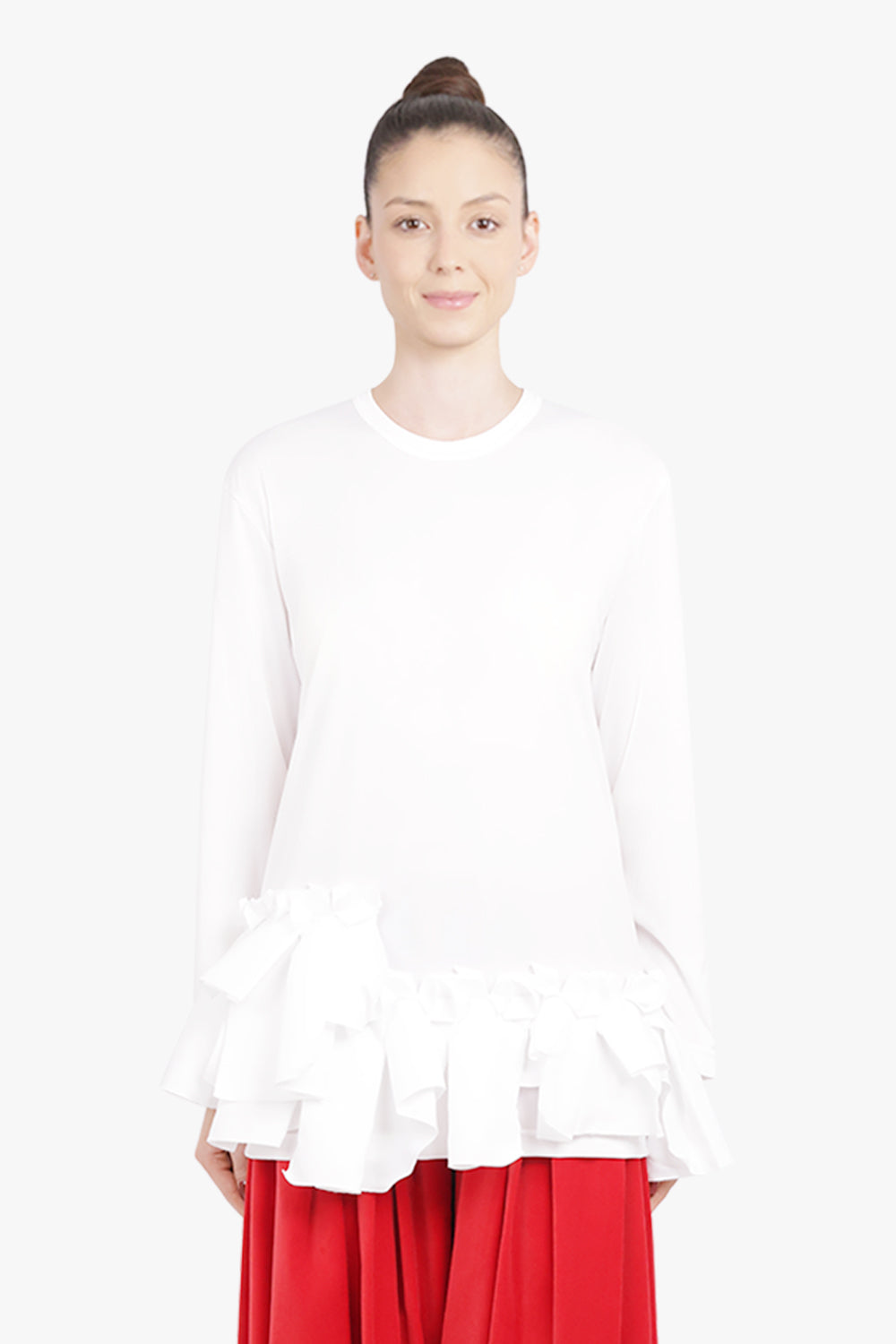 COMME DES GARCONS RTW Crew Neck L\S Top with Ruffle Hem | White