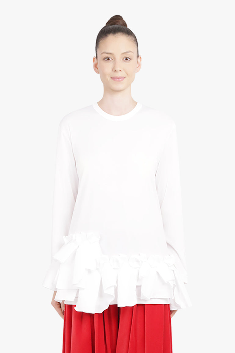 COMME DES GARCONS RTW Crew Neck L\S Top with Ruffle Hem | White