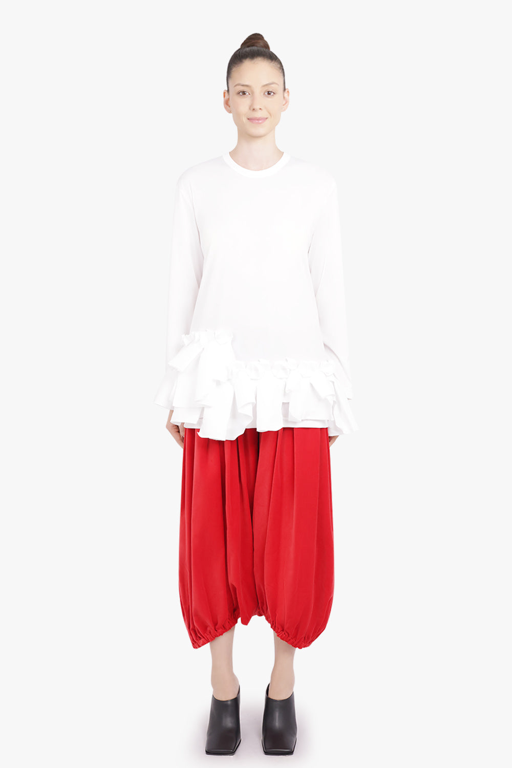 COMME DES GARCONS RTW Crew Neck L\S Top with Ruffle Hem | White