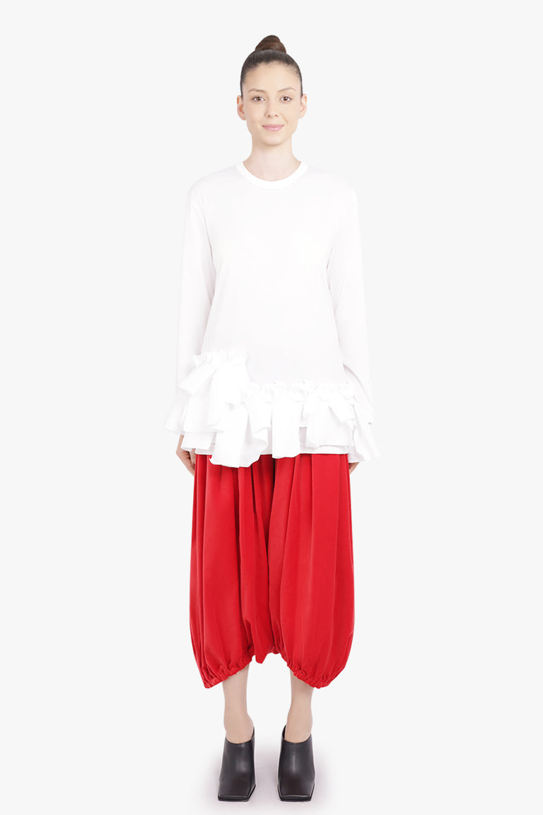 COMME DES GARCONS RTW Crew Neck L\S Top with Ruffle Hem | White