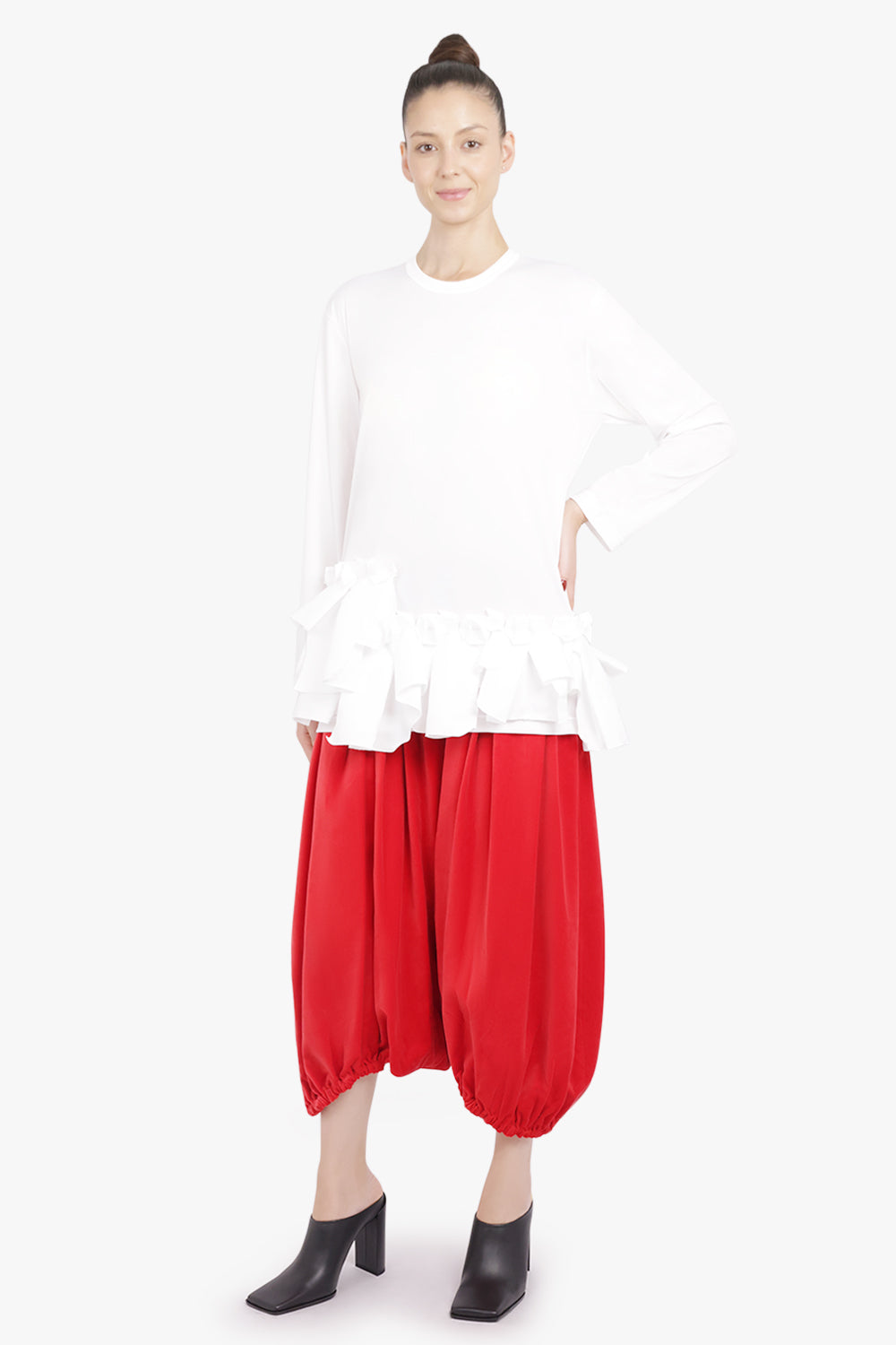 COMME DES GARCONS RTW Elastic Waist Velvet Drop Crotch Pant | Red