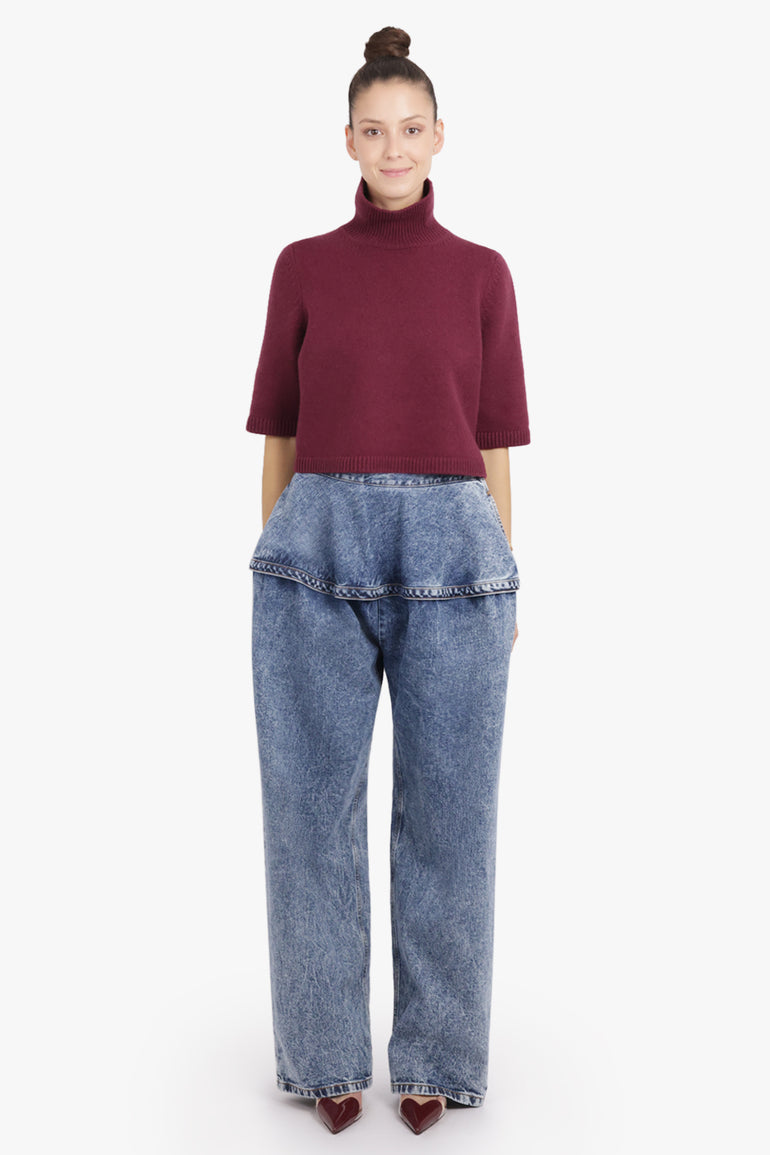 ALAIA RTW Peplum Waist Denim Wide Leg Jeans | Snow Blue