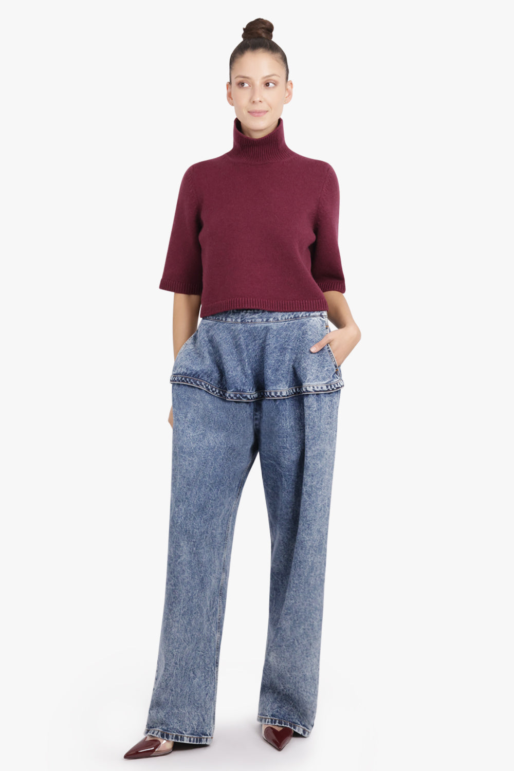 ALAIA RTW Peplum Waist Denim Wide Leg Jeans | Snow Blue
