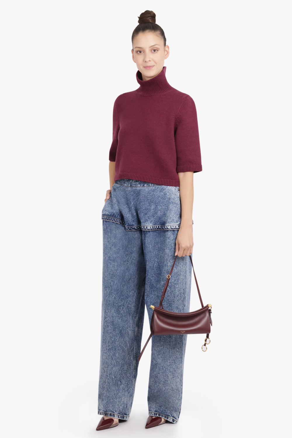 ALAIA RTW High-Neck S/S Cropped Knit | Bordeaux