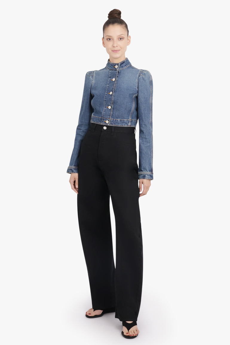 ALAIA RTW Cropped High-Neck Puff L/S Denim Jacket | Blue Flash