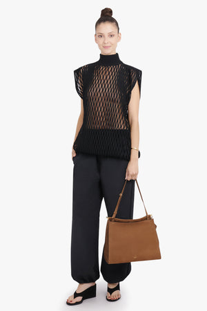ALAIA RTW Macrame Knit High Neck S/S Top | Black