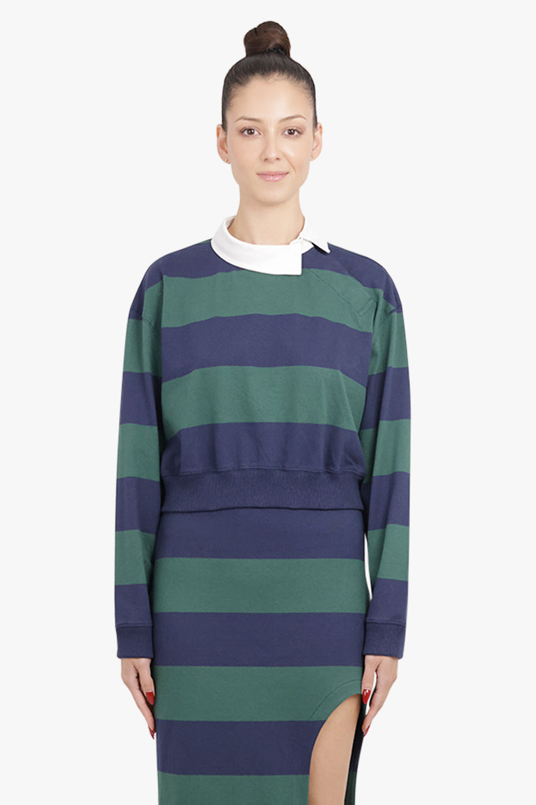 AWAKE MODE RTW Twisted Collar Stripe Rugby Style Sweatshirt Top | Green/Navy