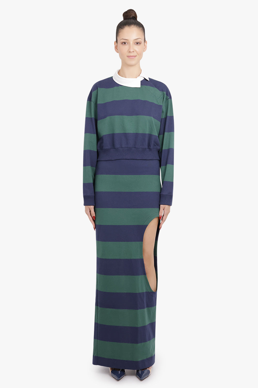 AWAKE MODE RTW Twisted Collar Stripe Rugby Style Sweatshirt Top | Green/Navy