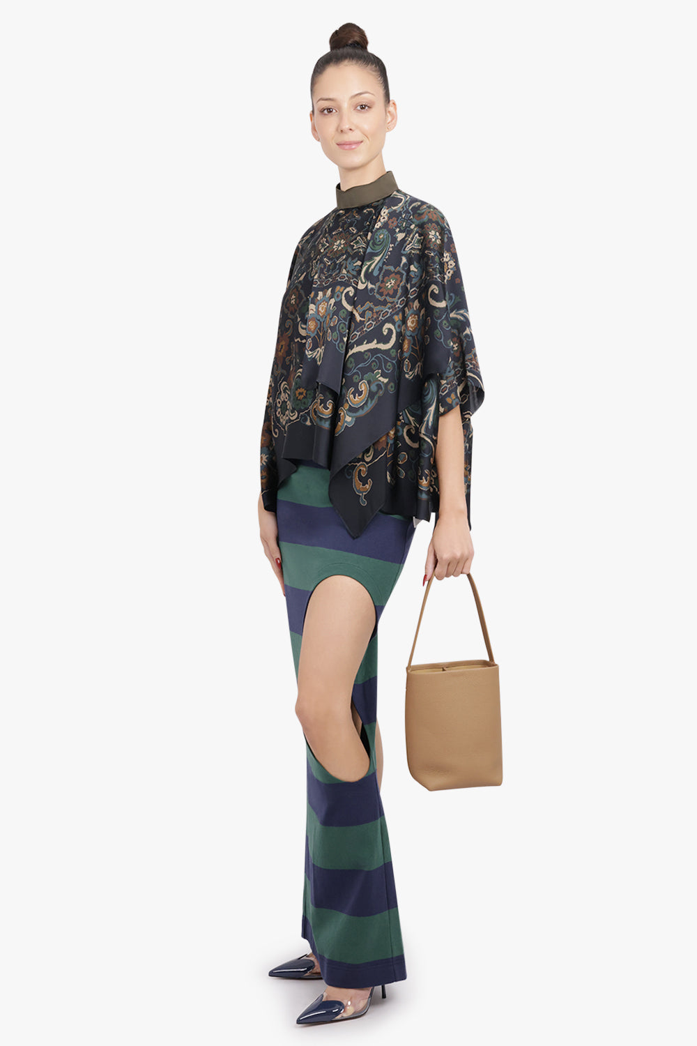 AWAKE MODE RTW Cut Out Stripe Pencil Maxi Skirt | Green/Navy