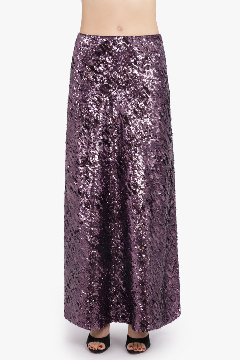 RABANNE RTW Sequin Flow Midi Skirt | Deep Purple
