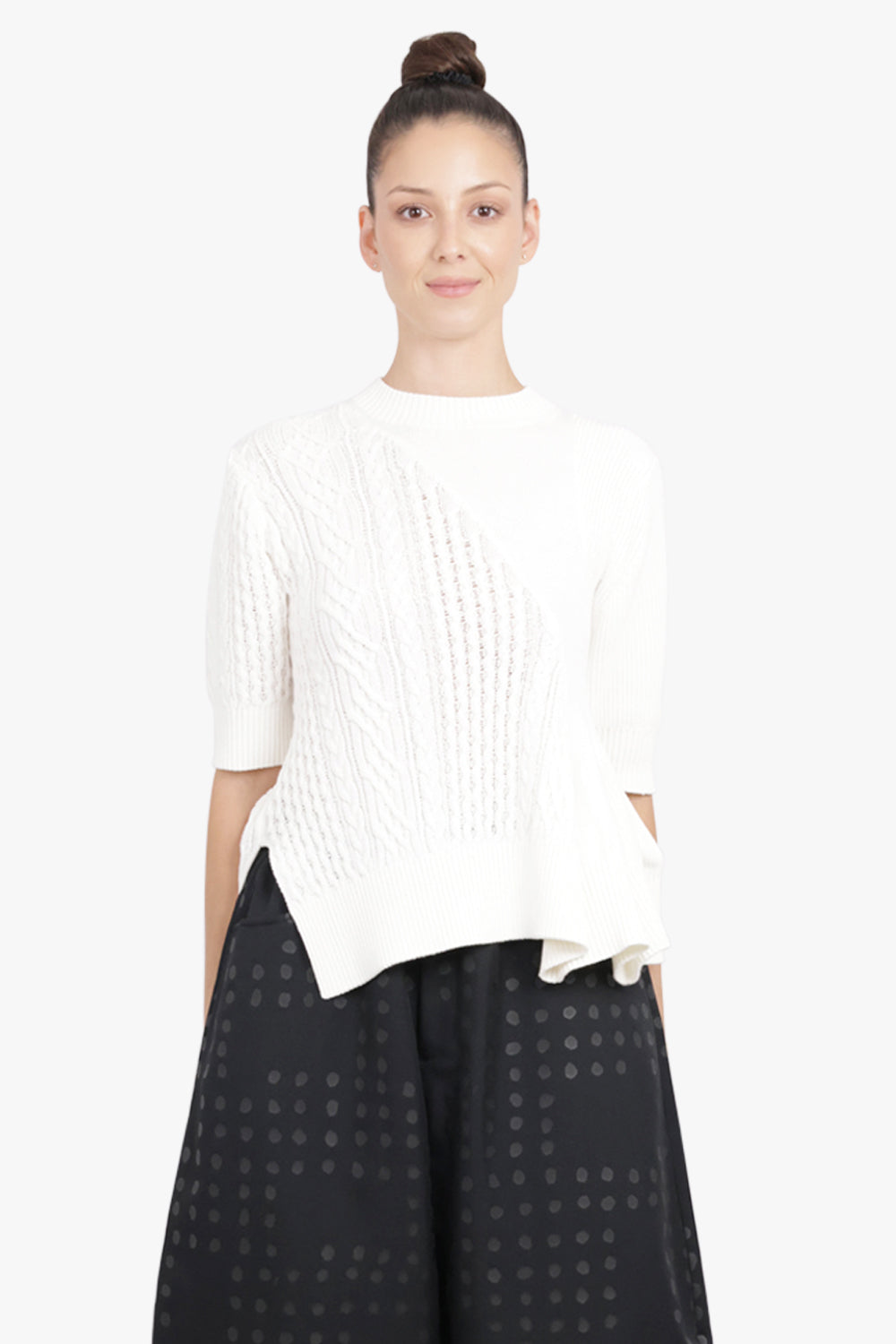 SACAI RTW 3/4 Sleeve Chain Knit With Asymmetric Hem Detail | Off White