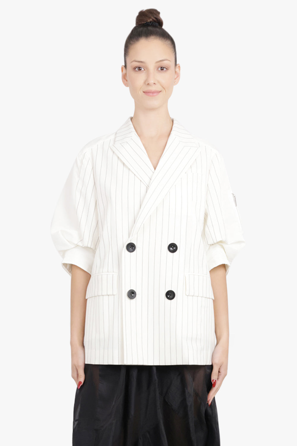 SACAI RTW Contrast Balloon S/S Double Breasted Stripe Jacket | Off White/Black
