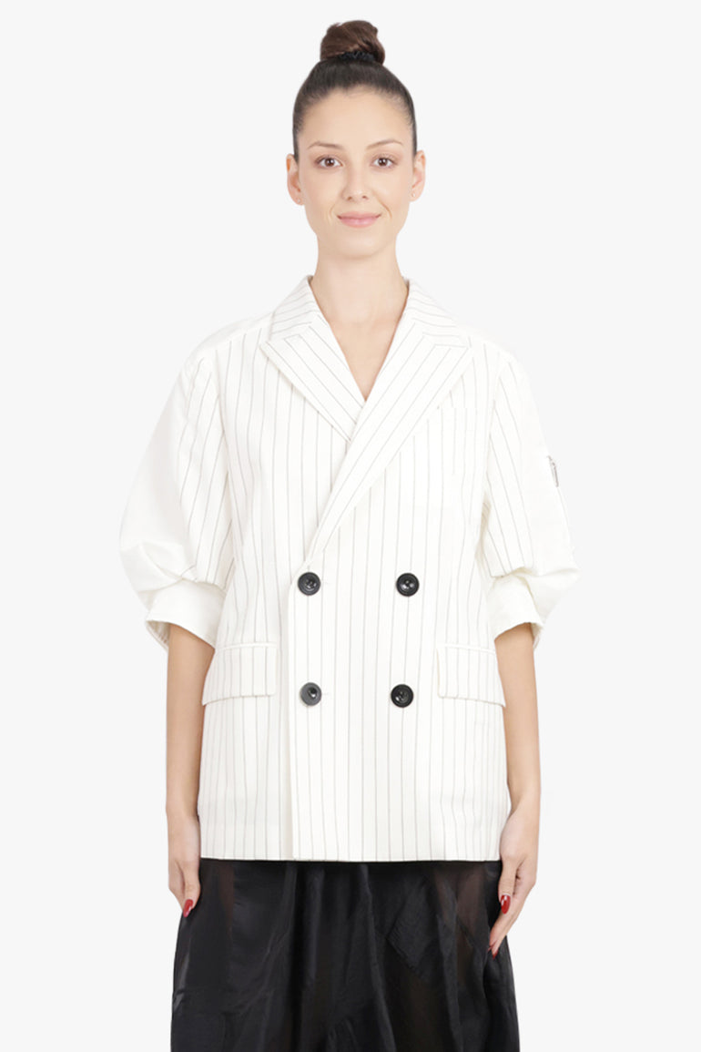 SACAI RTW Contrast Balloon S/S Double Breasted Stripe Jacket | Off White/Black