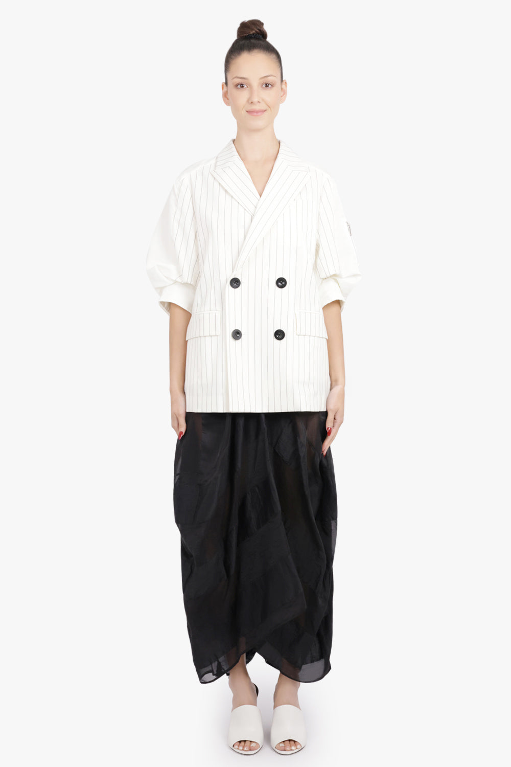 SACAI RTW Contrast Balloon S/S Double Breasted Stripe Jacket | Off White/Black
