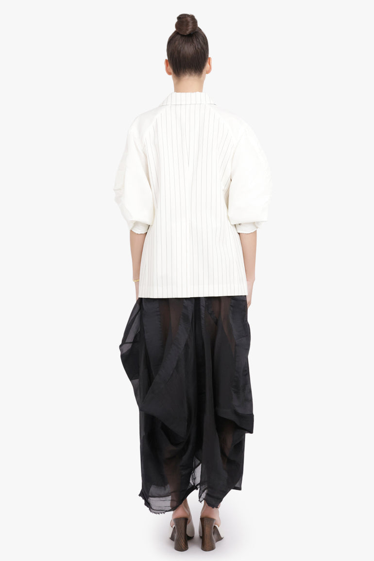 SACAI RTW Contrast Balloon S/S Double Breasted Stripe Jacket | Off White/Black