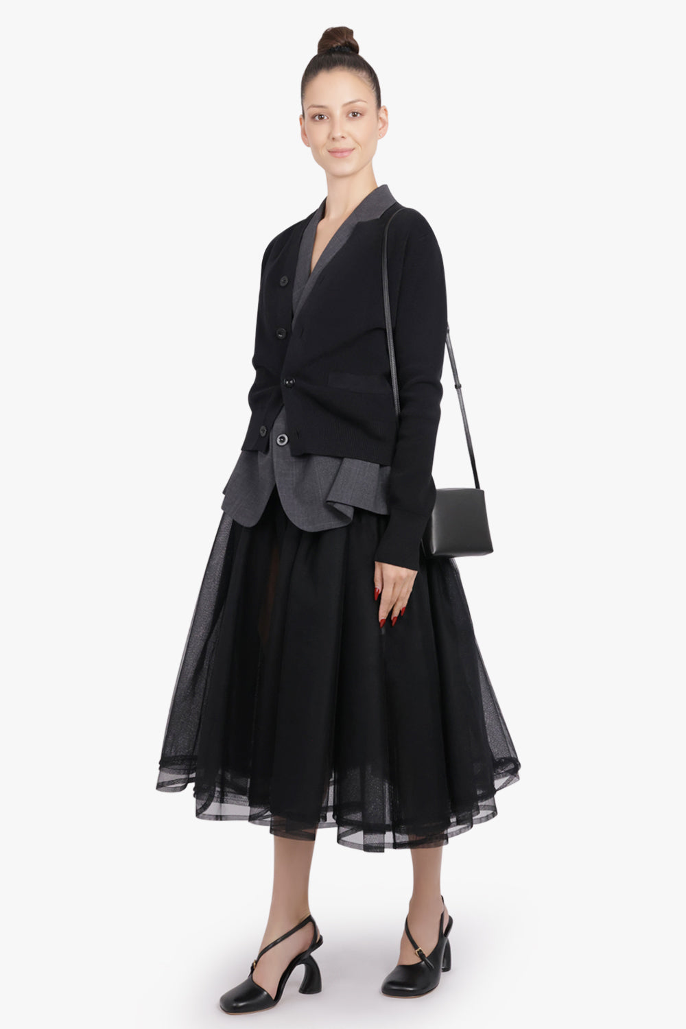 SACAI RTW Glen Check Print Jacket With Knit Cardigan Overlay | Black/Grey