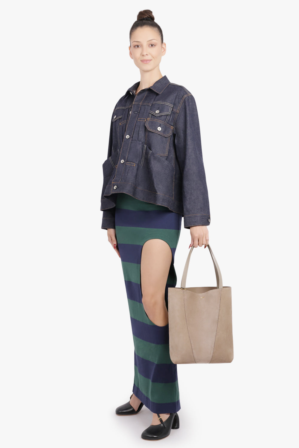 AWAKE MODE RTW Cut Out Stripe Pencil Maxi Skirt | Green/Navy