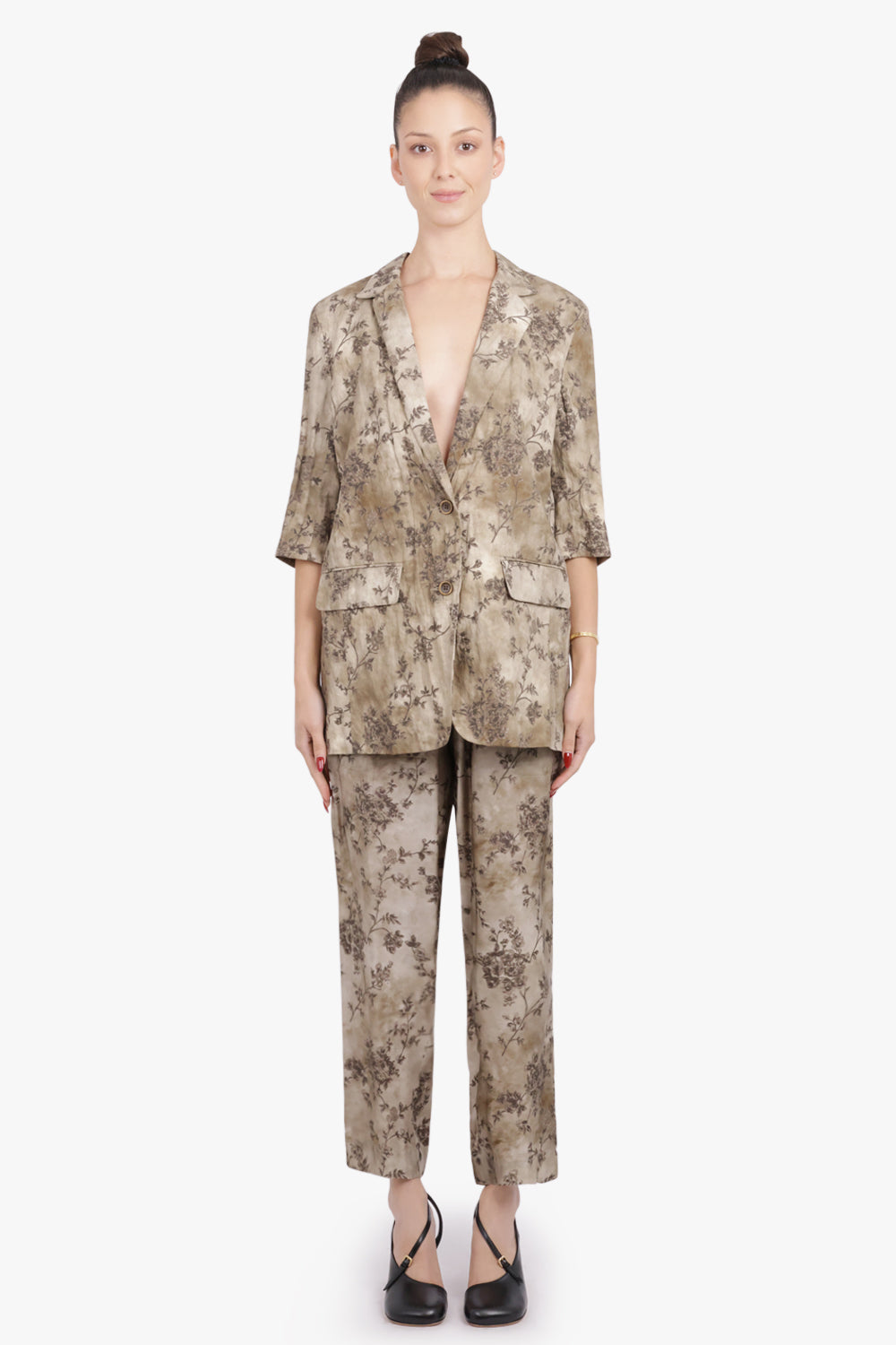 UMA WANG RTW Palmer Floral Print Relaxed Crinkle Pant | Smoke White/Grey