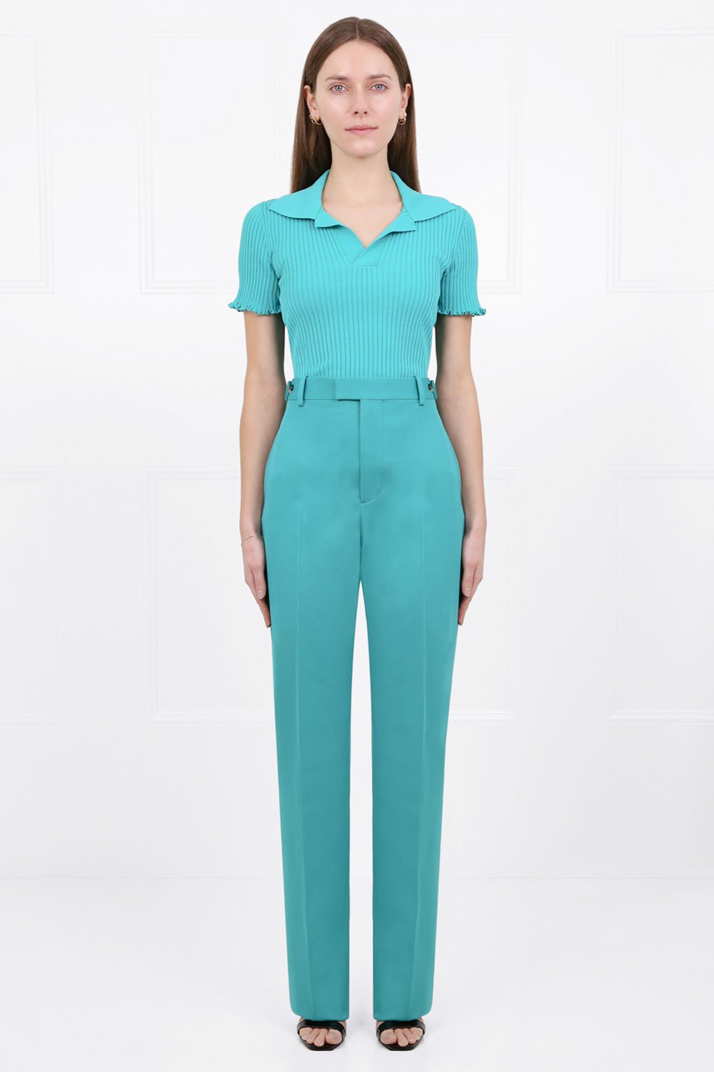 BOTTEGA VENETA RTW RIBBED KNIT POLO TOP S/S NEPTUNE
