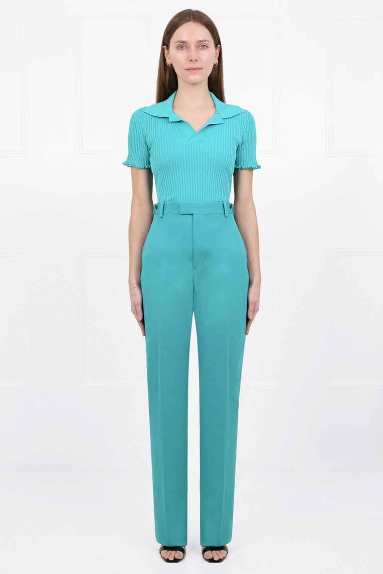BOTTEGA VENETA RTW RIBBED KNIT POLO TOP S/S NEPTUNE