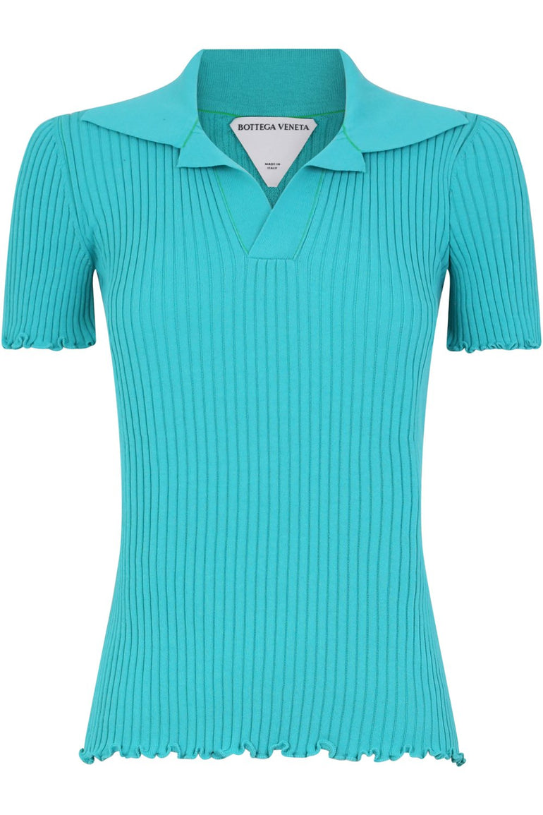 BOTTEGA VENETA RTW RIBBED KNIT POLO TOP S/S NEPTUNE