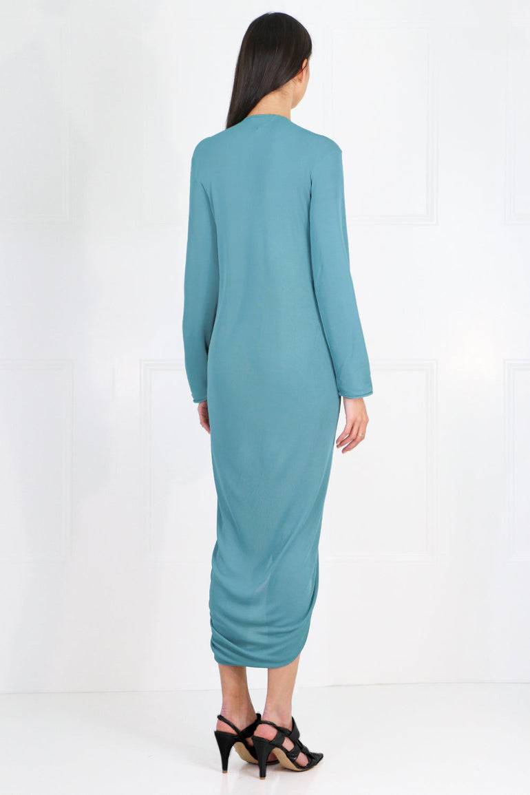BOTTEGA VENETA RTW RUCHED MIDI DRESS L/S STORM