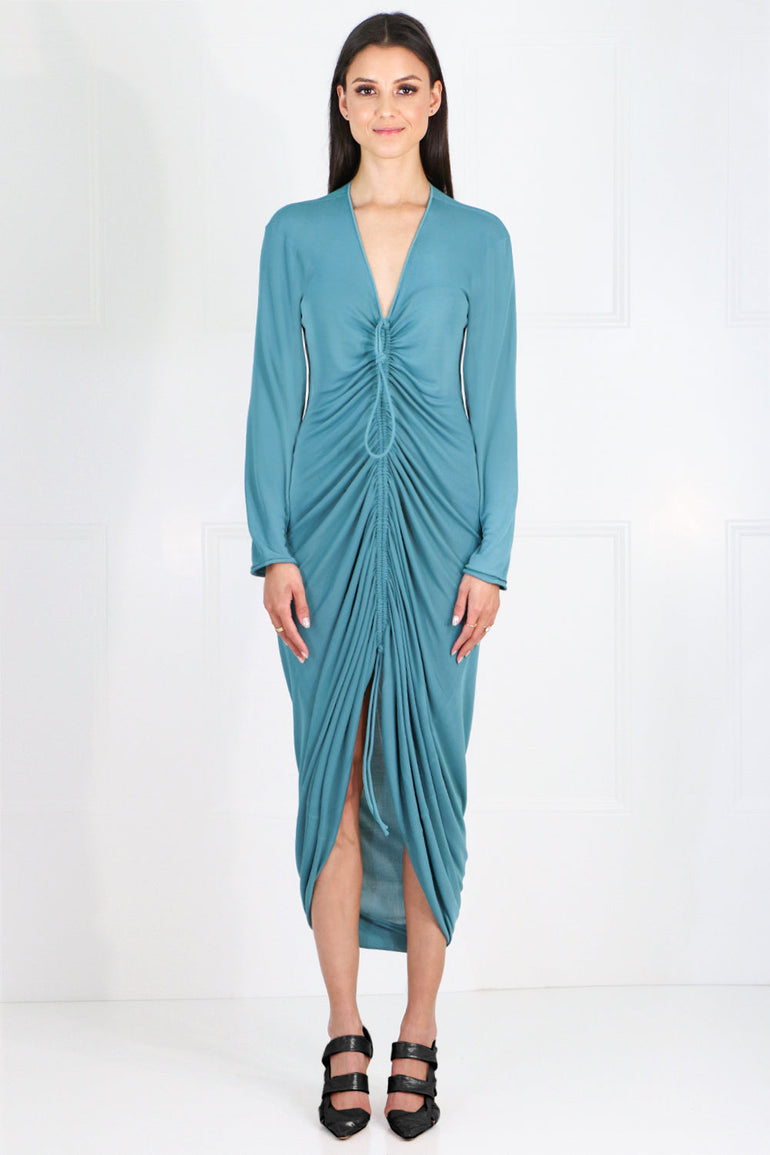 BOTTEGA VENETA RTW RUCHED MIDI DRESS L/S STORM